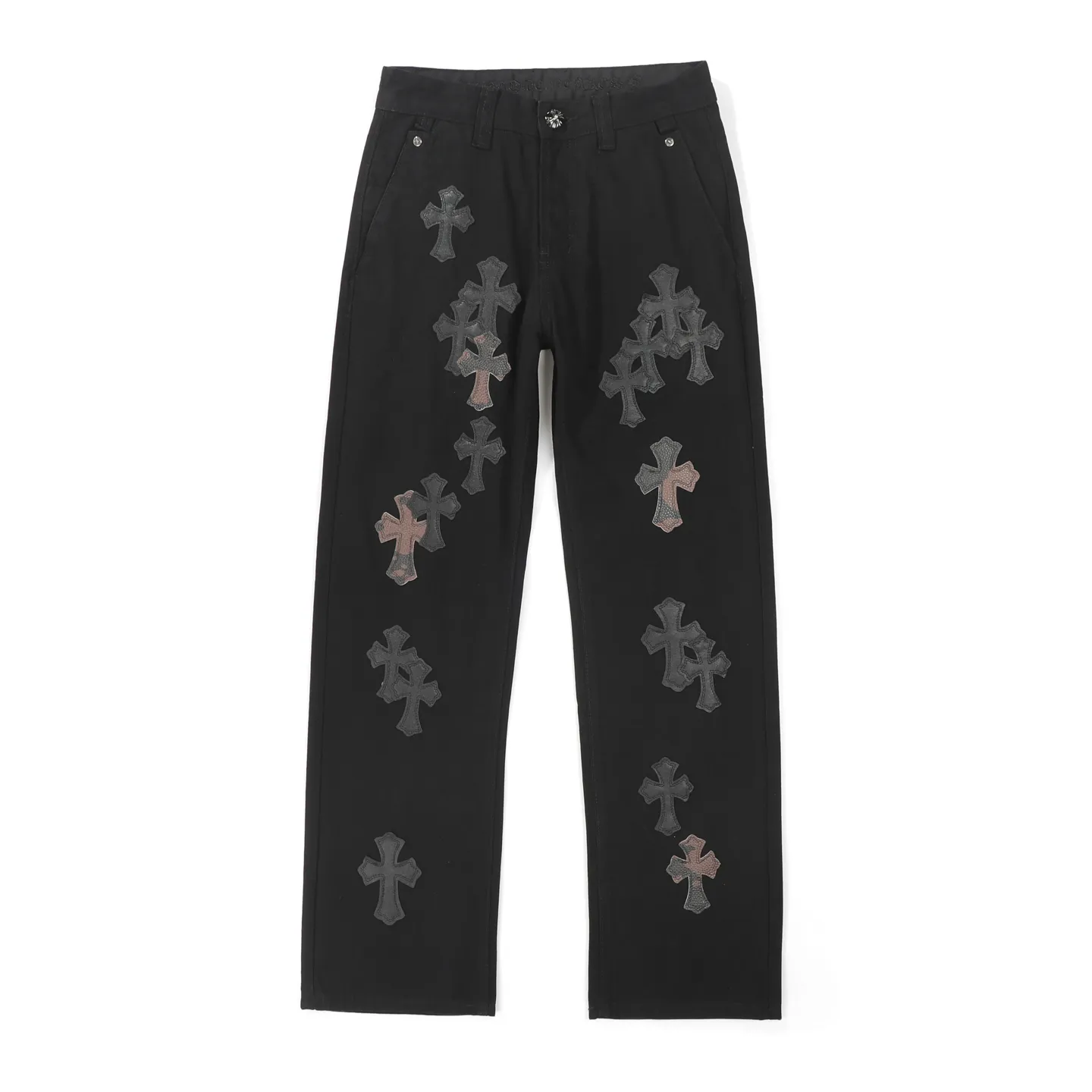 P270 Chrome Hearts CH casual black trousers cross-patched leather jeans. Original purchased and patterned to truly restore the ultimate texture of Vintage. Special Italian cowhide print and then cut. Customized sheepskin three-layer thick line leather. The whole is spliced in heavy water washing process. Craftsmen hand-splash ink. You can see the details. Three-dimensional cutting version. Loose and comfortable. Not flattering on the figure. Shows height and slimness. Factory Seiko. Original quality control. Same style for men and women. Can be matched with couples. Versatile recommendation. The must-have jeans for all seasons Color: black Size: 28/30/32/34 Waist: 73/78/83/88 Pants length: 102/104/106/108